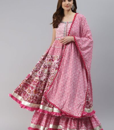 Women's Pink Regular Gotta Patti Pure Cotton Kurta with Sharara & Dupatta