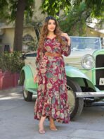 Fit & Flare Maxi Dress with Floral Print Puff Sleeves1