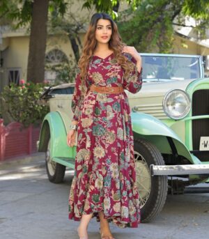 Fit & Flare Maxi Dress with Floral Print Puff Sleeves1