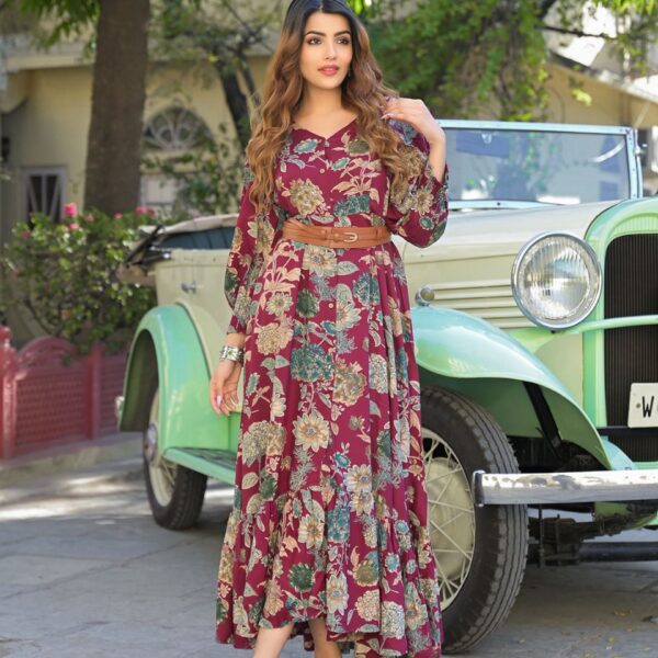 Fit & Flare Maxi Dress with Floral Print Puff Sleeves1