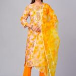 Women Cotton Orange Handwork Kurti with pant dupatta set