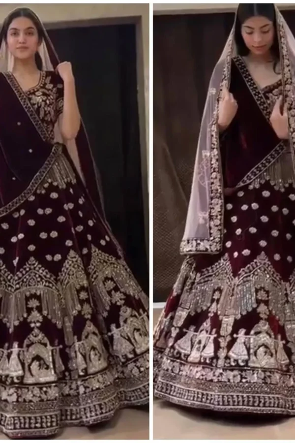 Wedding Special Velvet 4 Meter Flare Coding Sequins work Lehenga with Cancan & Canvas Patta