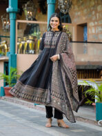 Divena Black Paisley Print Cotton Anarkali Kurta Sets With Dupatta