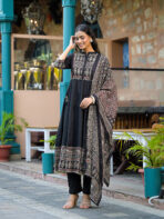 Divena Black Paisley Print Cotton Anarkali Kurta Sets With Dupatta - Image 3