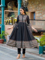 Divena Black Paisley Print Cotton Anarkali Kurta Sets With Dupatta - Image 10