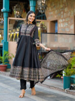 Divena Black Paisley Print Cotton Anarkali Kurta Sets With Dupatta - Image 8
