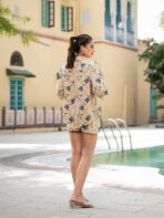 Tredific Yellow Floral Print Rayon Fabric Shirts Shorts With Crop Top three Piece set - Image 2