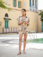 Tredific Yellow Floral Print Rayon Fabric Shirts Shorts With Crop Top three Piece set