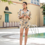 Tredific Yellow Floral Print Rayon Fabric Shirts Shorts With Crop Top three Piece set