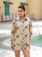 Tredific Yellow Floral Print Rayon Fabric Shirts Shorts With Crop Top three Piece set - Image 3