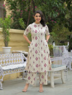 Off White Cotton Printed Kurta Pant Set - Image 8