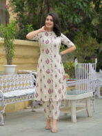Off White Cotton Printed Kurta Pant Set - Image 9