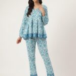 White Floral Printed Cotton Peplum Top Pant Co-ords Sets