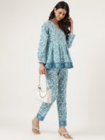 White Floral Printed Cotton Peplum Top Pant Co-ords Sets - Image 3