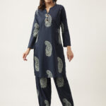 Navy Cotton Paisley Print Kurta Hem Cuffed Pant set