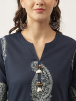 Navy Cotton Paisley Print Kurta Hem Cuffed Pant set - Image 12