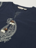 Navy Cotton Paisley Print Kurta Hem Cuffed Pant set - Image 11