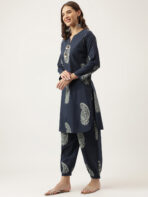 Navy Cotton Paisley Print Kurta Hem Cuffed Pant set - Image 8