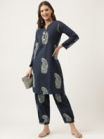 Navy Cotton Paisley Print Kurta Hem Cuffed Pant set - Image 7