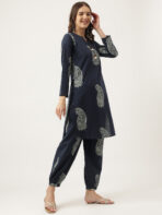 Navy Cotton Paisley Print Kurta Hem Cuffed Pant set - Image 6