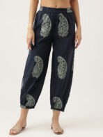 Navy Cotton Paisley Print Kurta Hem Cuffed Pant set - Image 5