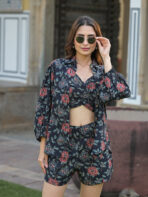 Dark Blue Floral Print Rayon Fabric Shirts Shorts With Crop Top three Piece set - Image 14