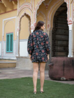 Dark Blue Floral Print Rayon Fabric Shirts Shorts With Crop Top three Piece set - Image 6