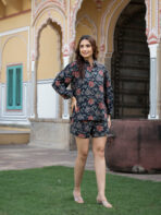 Dark Blue Floral Print Rayon Fabric Shirts Shorts With Crop Top three Piece set - Image 5