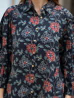 Dark Blue Floral Print Rayon Fabric Shirts Shorts With Crop Top three Piece set - Image 3