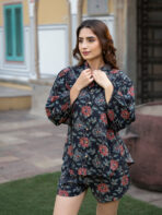 Dark Blue Floral Print Rayon Fabric Shirts Shorts With Crop Top three Piece set - Image 11