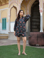 Dark Blue Floral Print Rayon Fabric Shirts Shorts With Crop Top three Piece set - Image 9