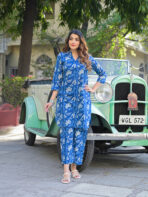 Blue Floral Print Cotton Fabric Kurta with Pant - Image 7