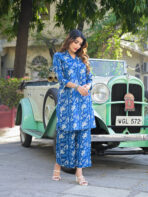 Blue Floral Print Cotton Fabric Kurta with Pant - Image 5