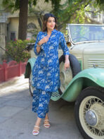 Blue Floral Print Cotton Fabric Kurta with Pant - Image 3