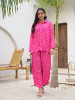 Women Pink Striped Shirt With Trousers Co-Ords Set - Image 14