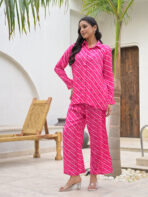 Women Pink Striped Shirt With Trousers Co-Ords Set - Image 2